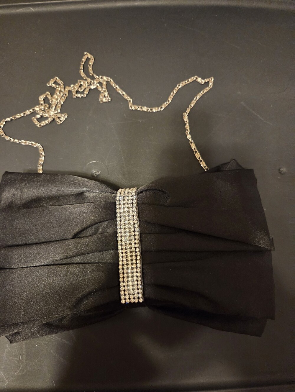 Black Satin Bow Clutch with Rhinestone Detail